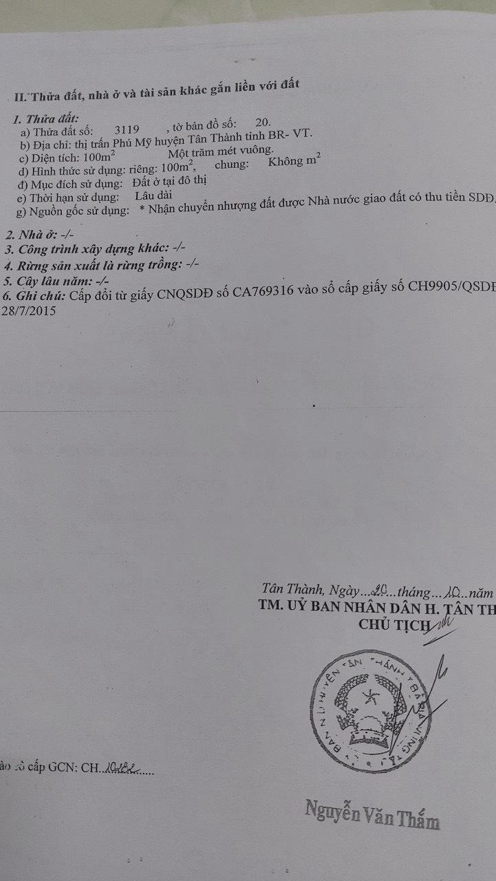 Chính chủ gởi bán lô Tân Hạnh, phường Phú Mỹ